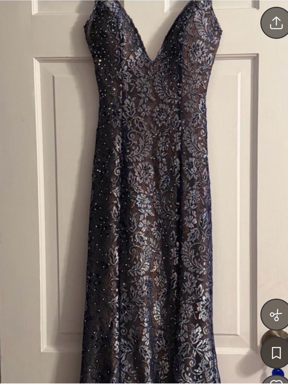 Jovani Navy Lace Embellished V-Neck Maxi Gown